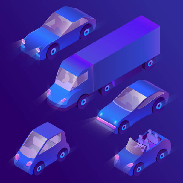 ilustraciones, imágenes clip art, dibujos animados e iconos de stock de vector 3d isométricos violetas coches con faros - isometric truck traffic semi truck