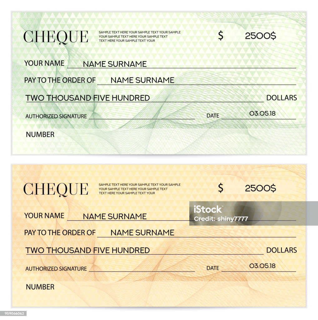 Check (cheque), Chequebook template. Guilloche pattern with watermark, spirograph Background for banknote, money design, currency, bank note, Voucher, Gift certificate, Coupon, ticket Check - Financial Item stock vector