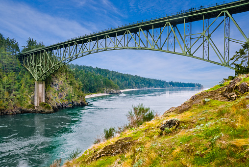 Deception Pass Bridge, built in 1934, is a two-lane bridges on State Route 20 between Whidbey and Fidalgo Islands in Washington State, USA. It was a Washington State, Highways project, partially built by young workers from the depression era Civilian Conservation Corps.