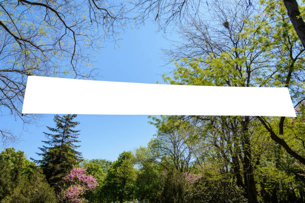 Blank banner floating over the trees with place for your text and advertising