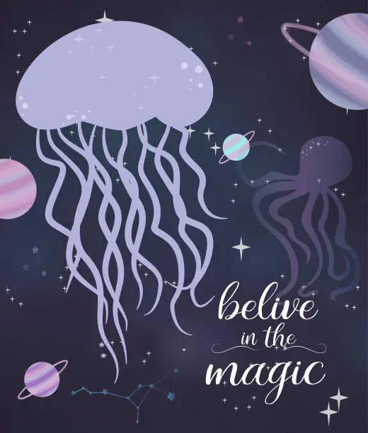 Vector illustration of Sea space illustration poster. Sea animals and space background with stars and plane. Inspiration quotes