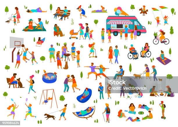 People In City Park Parkland Setlazy And Active Man Woman Family Friends Groups Relax Grill Bbq Eat Ice Cream Dance Walk Ride Bike Scooter At Picnic Sit On Benches Lying On Grass Stock Illustration - Download Image Now