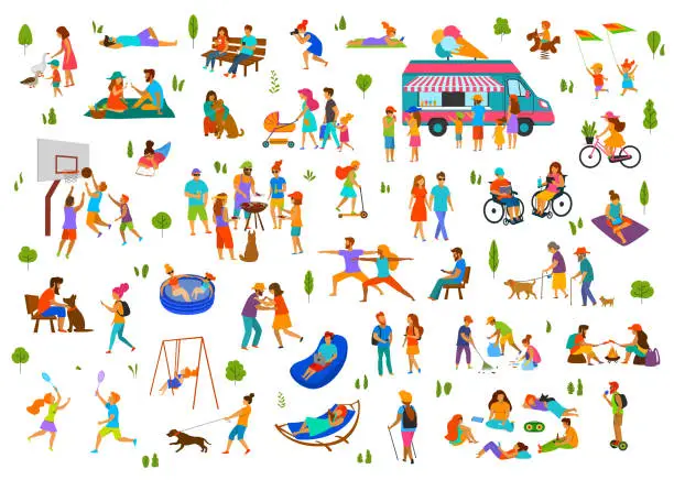 Vector illustration of people in city park, parkland set.lazy and active man woman family friends groups relax, grill bbq, eat ice cream, dance walk ride bike scooter, at picnic, sit on benches, lying on grass