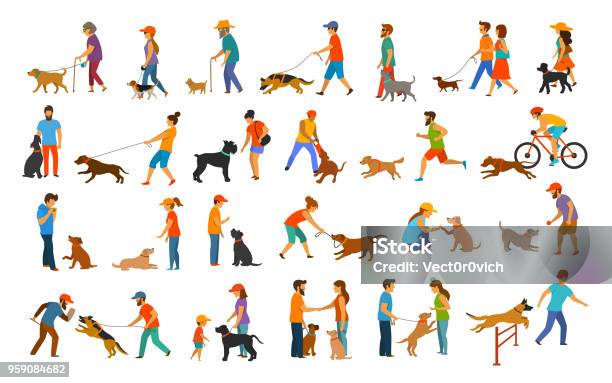 Persone Con Cani Collezione Grafica - Immagini vettoriali stock e altre immagini di Cane - Cane, Camminare, Persone