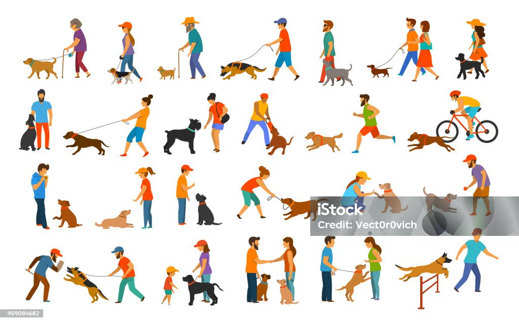 people with dogs graphic collection people with dogs graphic collection.man woman training their pets basic obedience commands like sit lay give paw walk close, exercising run jump barrier, protection, running playing and walking,teaching isolated vector illustration scenes set Dog stock vector