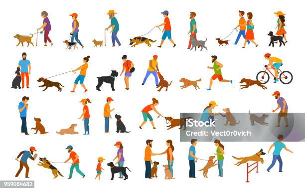 People With Dogs Graphic Collection Stock Illustration - Download Image Now - Dog, People, Walking