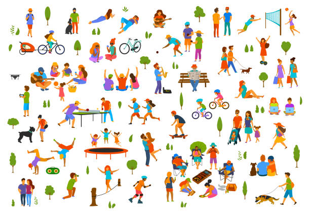 menschen in der stadt park natur outdoor kollektion. mann frau kinder erwachsene, die familie paar freunde mit hunden spazieren, reden entspannen, tischtennis, boccia, volleyball spielen, bücher lesen-break-dance - gesellschaftsspiel sommer stock-grafiken, -clipart, -cartoons und -symbole