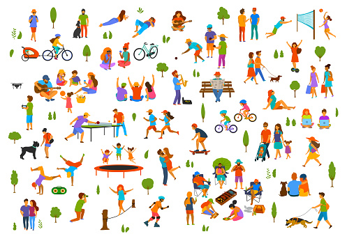 people in the city park nature outdoor collection. man woman children adults family couple friends walk with dogs, talk relax read books break dance, play volleyball,bocce, table tennis, make bbq grill, ride bicycle, at picnic, run, sunbath,rollerblade, skatboard, enjoy summer vector illustration scenes graphic set