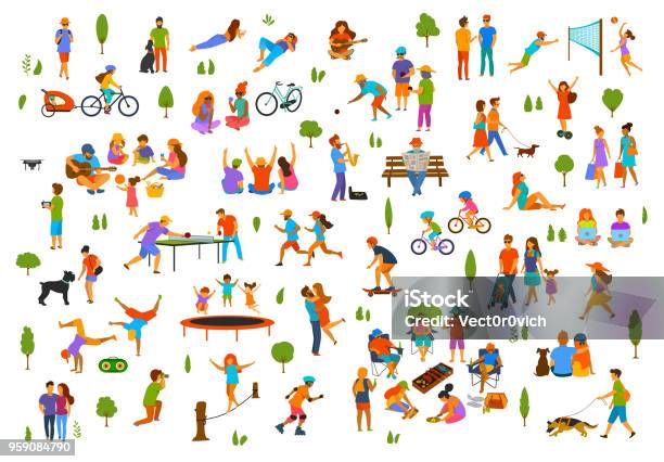 People In The City Park Nature Outdoor Collection Man Woman Children Adults Family Couple Friends Walk With Dogs Talk Relax Read Books Break Dance Play Volleyballbocce Table Tennis Stock Illustration - Download Image Now