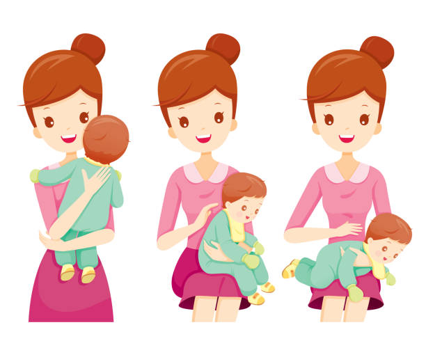 ilustrações, clipart, desenhos animados e ícones de arrotos de métodos para o bebê após a alimenta�ção - arrotar