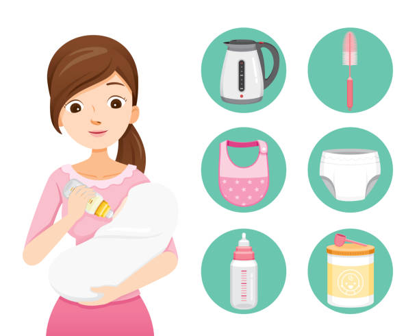 Mother Feeding Baby With Milk In Baby Bottle. Baby Icons Set Mother’s day, Suckling, Infant, Motherhood, Innocence adult diaper stock illustrations