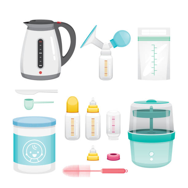Icons Set Of Equipment For Feeding Baby Mother’s day, Suckling, Infant, Motherhood, Innocence baby bottle stock illustrations