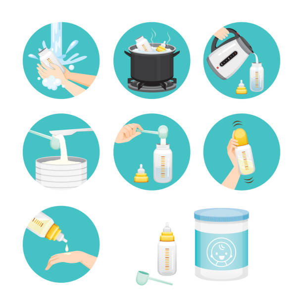 Icons Set Of Steps To Preparing Baby Bottle Mother’s day, Suckling, Infant, Motherhood, Innocence parent guide stock illustrations