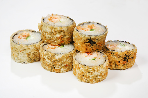 Warm rolls Shogun (Philadelphia cheese, cucumber, Masago, salmon skin in Kikkoman soy sauce)