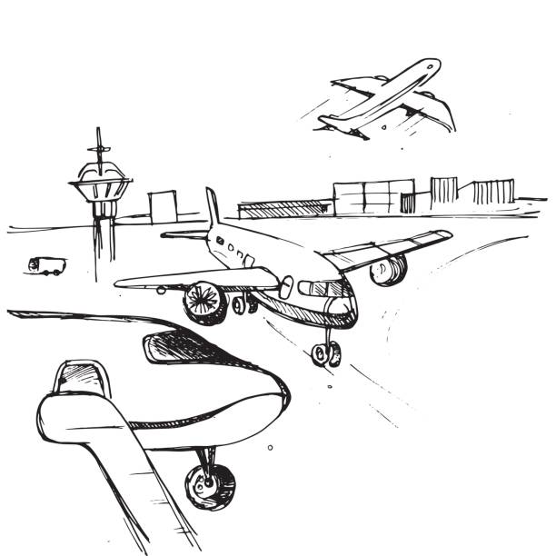 Airport, Control Tower and Flying Airplane - Illustration Airport, Airplane, Air Traffic Control Tower, Commercial Airplane, Navigational Equipment, Air Vehicle - Illustration airport porter stock illustrations