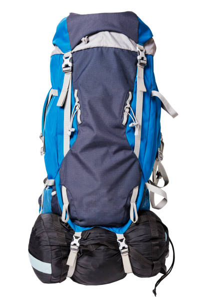 istock Backpack for hiking isolated on white background. front view of a professional backpack for hiking trips with sleeping bag isolated on white background. 959094628