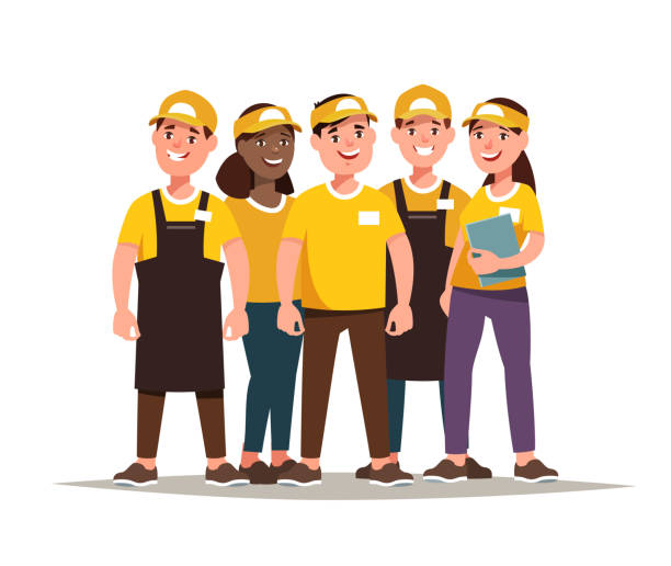 Restaurant fast food worker teamwork Restaurant fast food worker . Team of young men and women in uniform quick service restaurant cashier stock illustrations