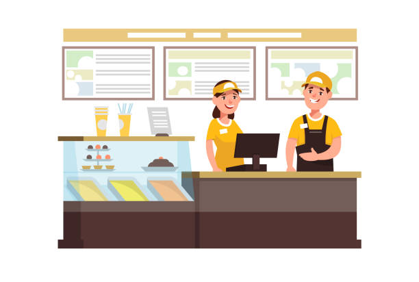 Restaurant fast food worker in interior Restaurant fast food worker with cash register. Cervice staff young man and female in uniform in the workplace in cafe quick service restaurant cashier stock illustrations