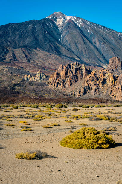 landschaft mit den teide, vulkan teide und lava-landschaft im nationalpark teide - teneriffa, spanien - pico de teide stock-fotos und bilder