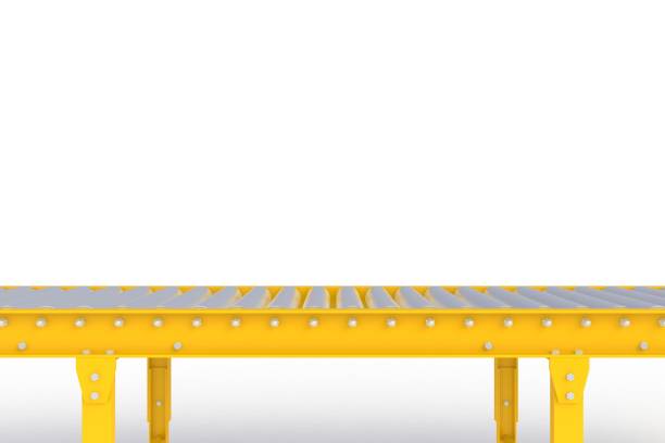 白い背景に、製品の表示、3 d レンダリングのための配信概念に分離された空の黄色搬送ライン - krung ストックフォトと画像
