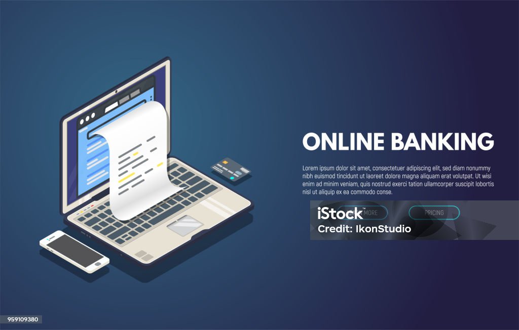 Online banking banner Online banking computer web app. Isometric laptop with paper document printing from screen and phone with credit card. Online payment and invoices banner. Bill and taxes concept. Financial Bill stock vector