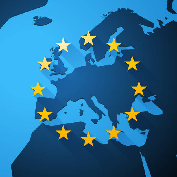 유럽 연합 스타와 함께 유럽의 지도 - belgium map flag three dimensional shape stock illustrations