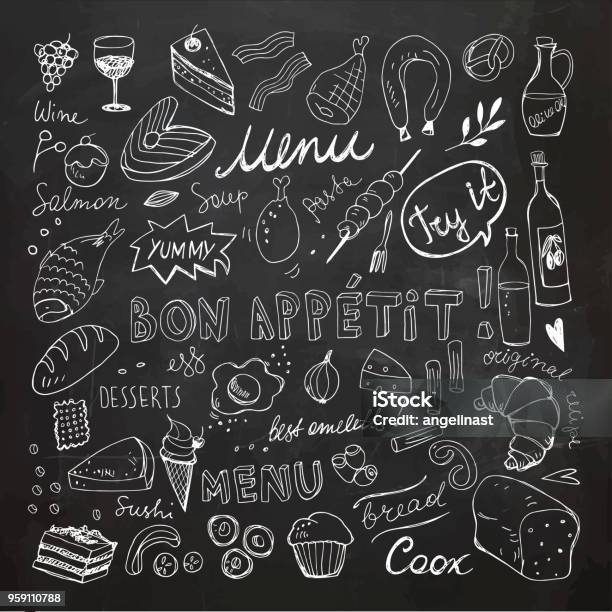 Restaurant Doodle Set Hand Drawn Vector Illustration Chalk Drawing Bon Appetit Chalkboard Food Collection Stock Illustration - Download Image Now