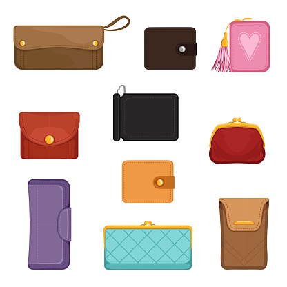 Collection of stylish wallets. Pocket-sized holder for money and plastic cards. Small women bag to carry everyday personal items. Colorful flat vector illustrations isolated on white background.