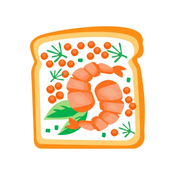 Vector illustration of Sandwich with shrimps, red caviar and leaves of basil. Delicious toasted bread. Fast food theme. Flat vector design