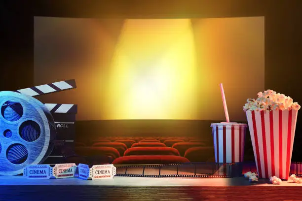 Photo of Equipment and elements of cinema with background cinema