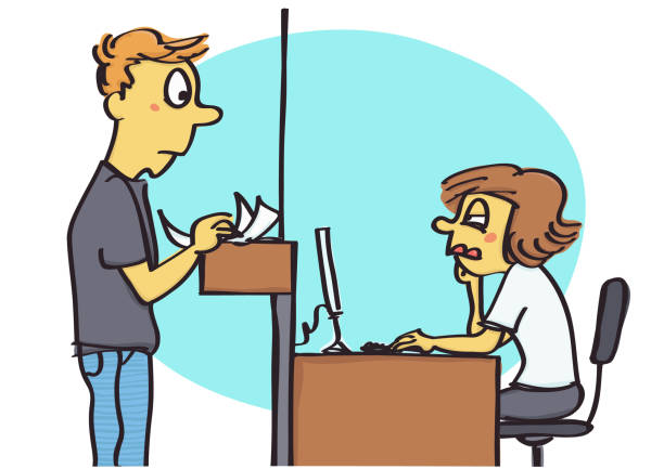 Office clerk acting bad Funny vector cartoons of office clerk acting bad and unprofessional with clients agent nasty stock illustrations