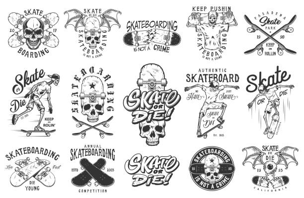 Set of emblems Set of skateboarding emblems in monochrome vintage style. Vector illustration. skateboard tattoo stock illustrations