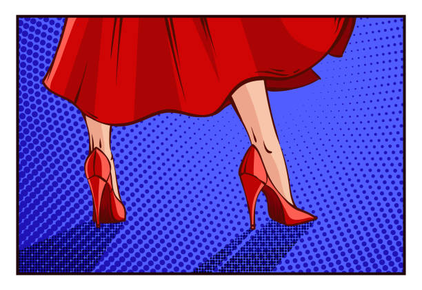 Vector comics pin-up woman Vector illustration in mid century comics style - frame with pin-up woman in red dress and high heels shoes standing on the blue halftone bacground. pics for classic pin up poses stock illustrations