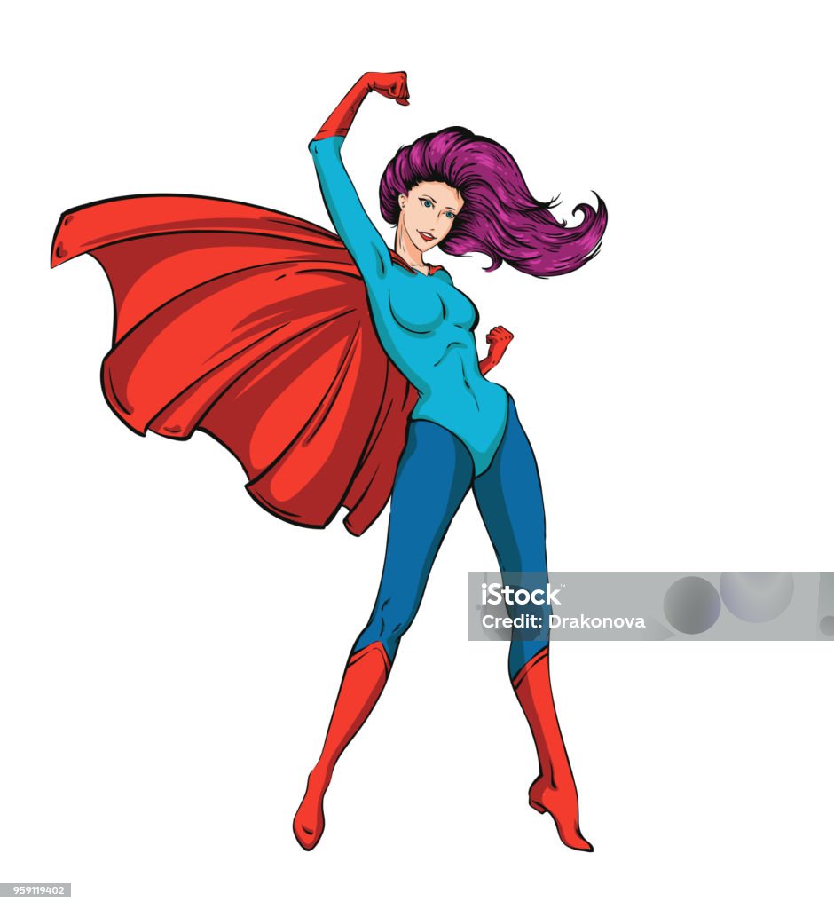 Vector superhero woman Vector character design concept - superhero woman in superwoman pose in blue and red costume with red cape and purple hair Superhero stock vector