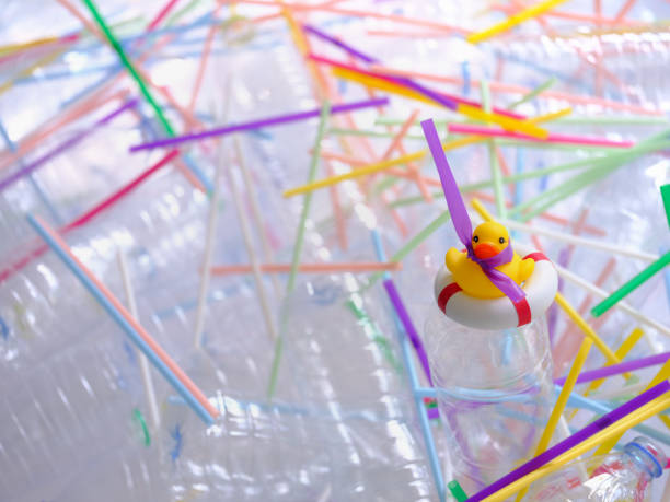 istock Yellow rubber duck on an inflatable life ring being strangled by a drinking straw, swamped by many plastic drinking water bottles and plastic drinking straws. 959120108