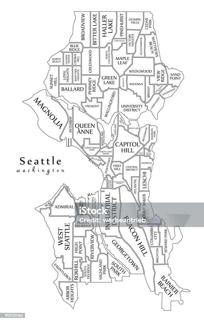 Modern City Map - Seattle Washington city of the USA with neighborhoods and titles outline map Seattle stock vector