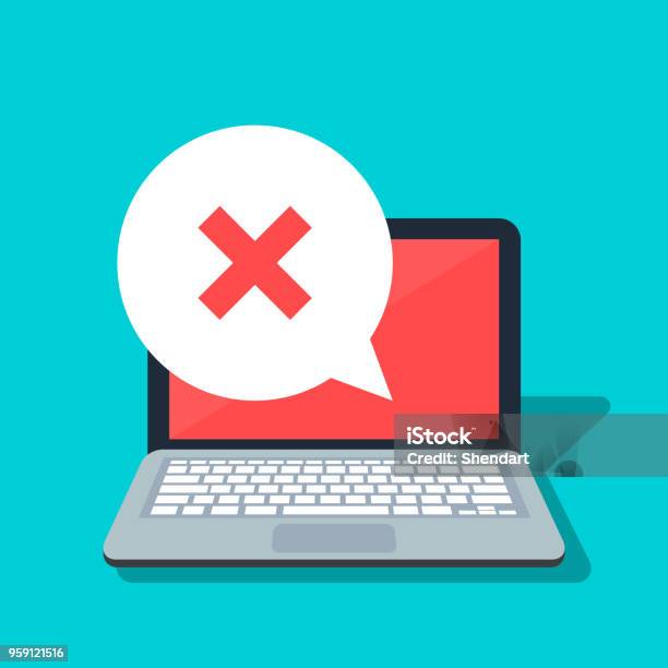 Speech Bubble With Cross On The Laptop Background Error Or Rejection Icon Negative Answer Flat Vector Illustration Isolated On Color Background Stock Illustration - Download Image Now