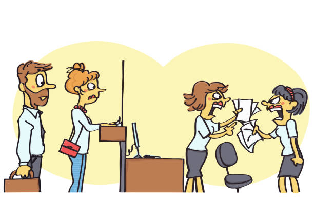 Office clerk acting bad Funny vector cartoons of office clerk acting bad and unprofessional with clients agent nasty stock illustrations