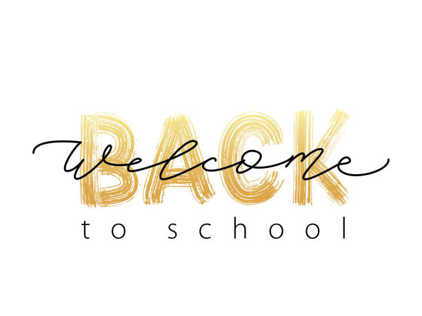 Welcome Back to School Text. Hand drawn brush lettering logo. Modern calligraphy. Vector illustration. Welcome Back to School Text. Hand drawn brush lettering logo. Template for design, party, high school or college start study day, yearbook. Modern calligraphy. Vector illustration. welcome calligraphy stock illustrations