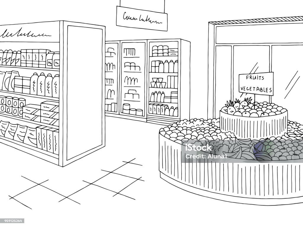 Grocery store graphic shop interior black white sketch illustration vector Supermarket stock vector