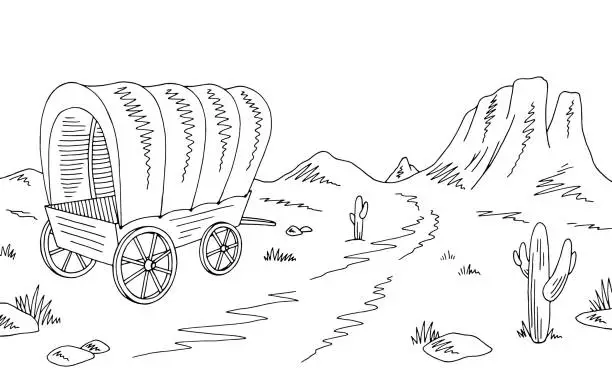 Vector illustration of Prairie covered wagon graphic black white American desert sketch landscape illustration vector