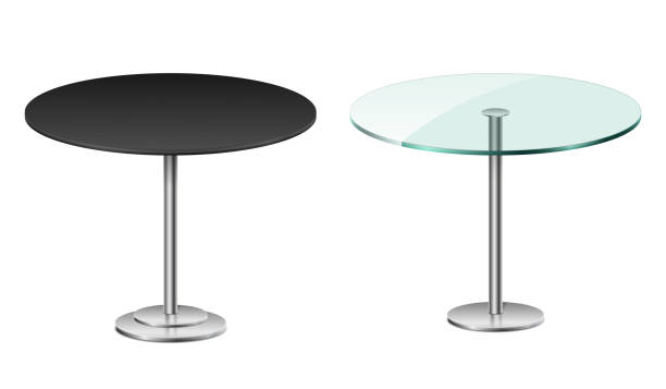 Empty modern black round table isolated on white. Vector glass table with metal stand template for restaurant or cafe interior. vector Illustration Empty modern black round table isolated on white. Vector glass table with metal stand template for restaurant or cafe interior. vector Illustration EPS 10 table leg stock illustrations