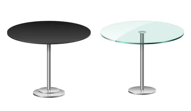 Vector illustration of Empty modern black round table isolated on white. Vector glass table with metal stand template for restaurant or cafe interior. vector Illustration