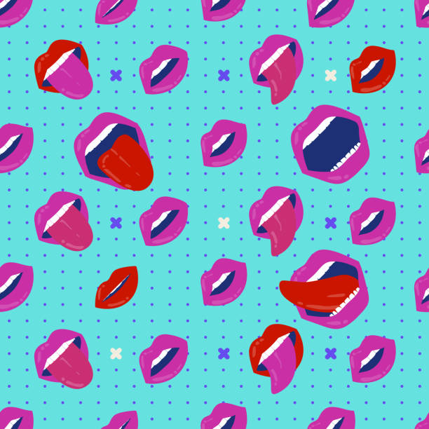 istock Seamless pattern of a women lips with different expressions on  turquoise background with dotted pattern 959128184