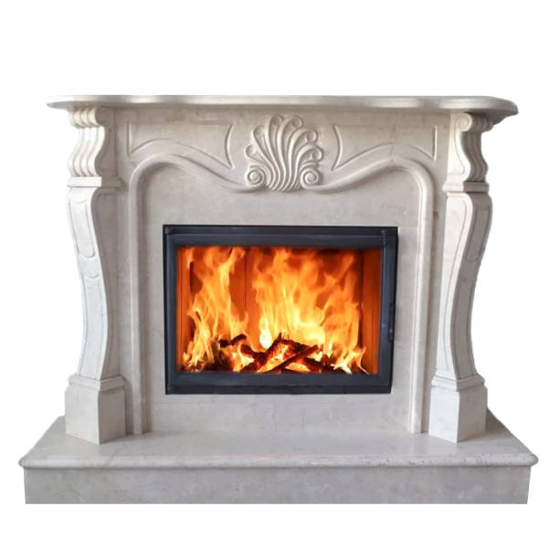 Burning classic fireplace of white marble. Isolated on white