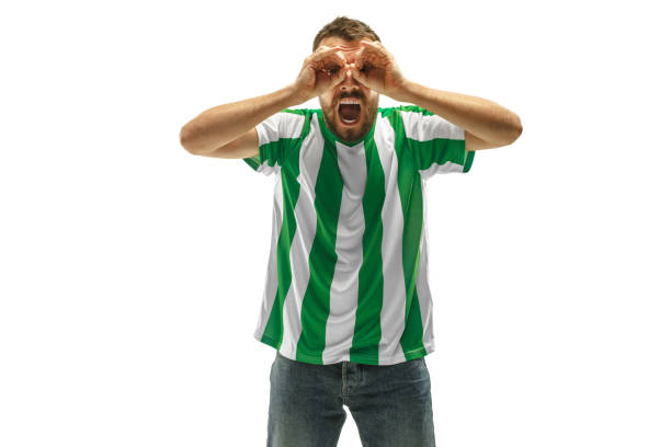 istock Irish fan celebrating on white background 959134678