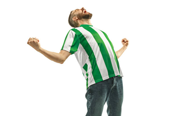 istock Irish fan celebrating on white background 959134842