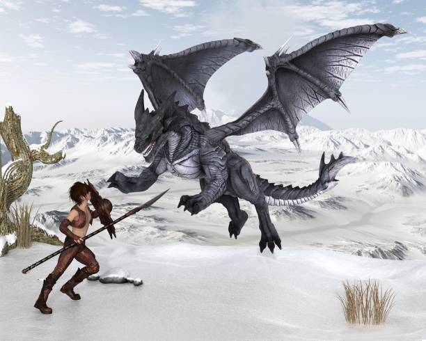 istock Dragon Warrior Boy Fighting a Dragon in the Snow 959138602