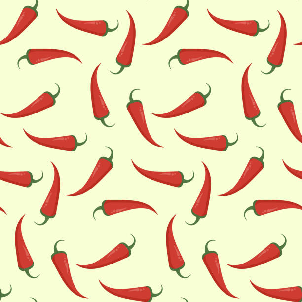 Bright flat pattern with red chili pepper Bright flat seamless pattern with red chili pepper. Spicy hot mexican texture with cayenne chilli for textile, wallpaper, wrapping paper, banner, package design serrano chili pepper stock illustrations