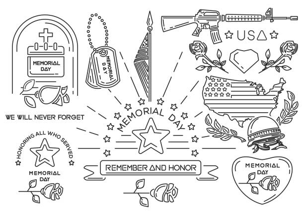 미국에서 현충일에 대 한 설정 라인 아이콘 - dog patriotism flag politics stock illustrations